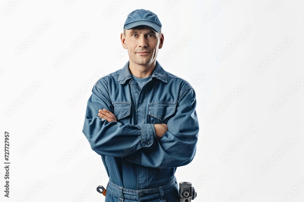 Mature repairman standing with crossed arms and looking at camera isolated on white background