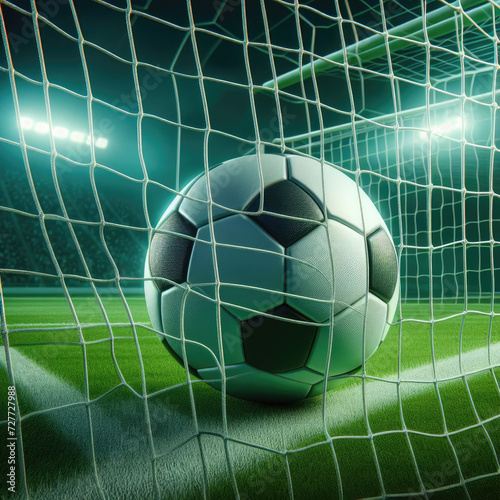 soccer ball in net on illuminated stadium field