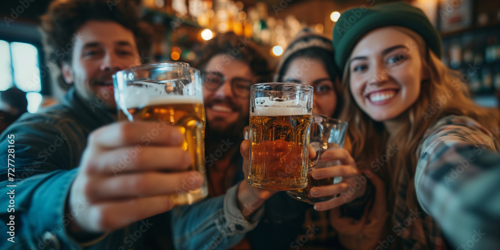 Group of joyful friends toasting with beer celebrating St. Patrick's Day in a pub