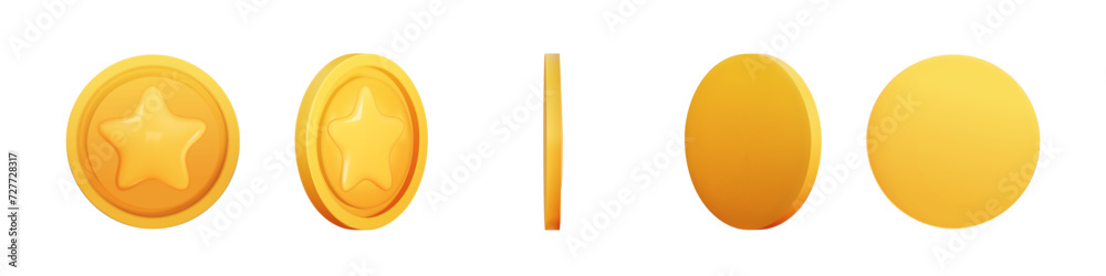 Gold Coin set 3d render different position. Game Money on white background. Coin with star for game reward and prize. Vector 3d illustration. Gold Coin set 3d render different position. Game Money on white background. Coin with star for game reward and prize. Vector 3d illustration.