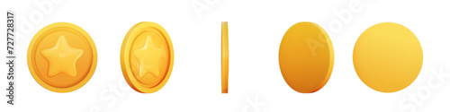 Gold Coin set 3d render different position. Game Money on white background. Coin with star for game reward and prize. Vector 3d illustration.