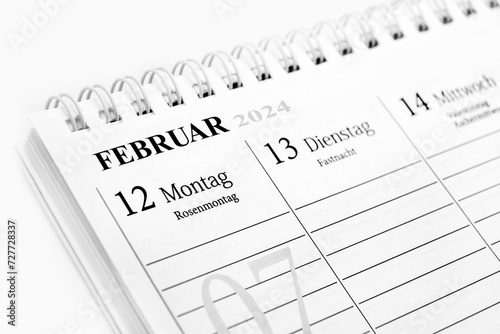 Deutscher Kalender Datum 12. Februar 2024 Rosenmontag Karneval photo