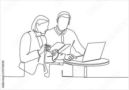 continuous line drawing of a woman is explaining material inside a laptop to a man. Two teen browsing a laptop searching information online. vector illustration isolated on white background