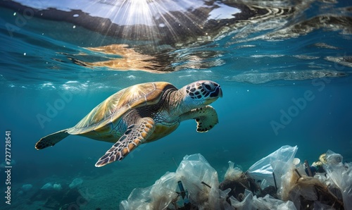 Beautiful giant turtle swims in a polluted sea full of plastic waste, bottles. Plastic pollution theme © Filip