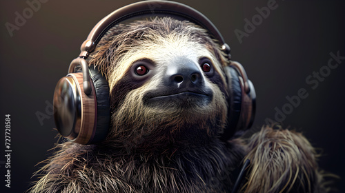 Cute sloth listening to music on headphones photo
