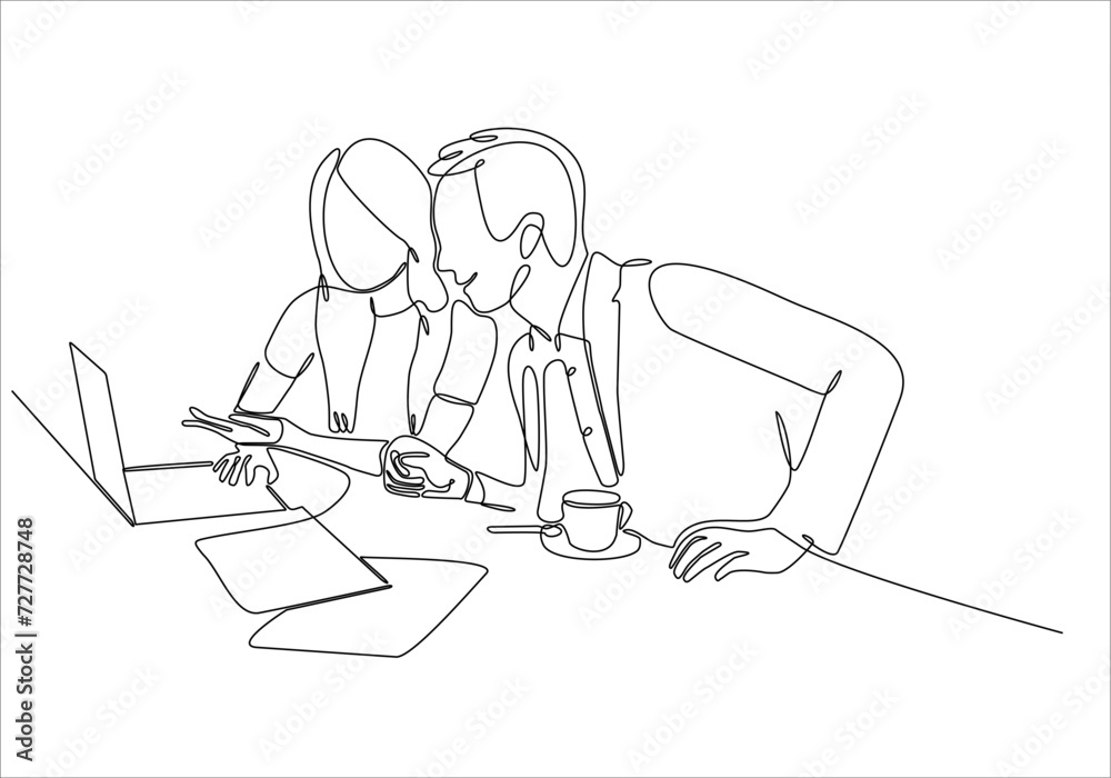 continuous line drawing of a woman is explaining material inside a laptop to a man. Two teen browsing a laptop searching information online. vector illustration isolated on white background