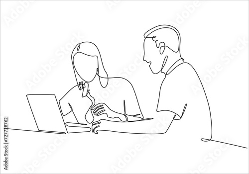 continuous line drawing of a woman is explaining material inside a laptop to a man. Two teen browsing a laptop searching information online. vector illustration isolated on white background