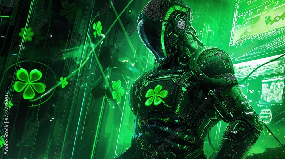Man in Futuristic Suit Standing in Front of Green Background - St Patrick Day