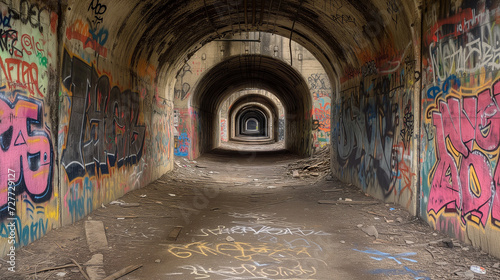 Abandoned tunnel with graffiti on the walls. 3d rendering © Viktor