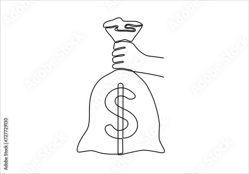 Hand holding Money bag with Dollar Sign.continuous line drawing
