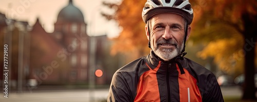 Portrait photography of a man cyclist wearing cycling helmet in the city park background.