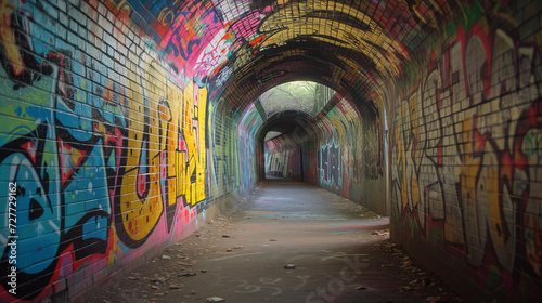 Abandoned tunnel with colorful graffiti. Abstract urban art background. © Viktor