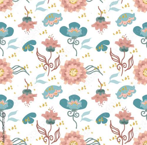 Peach Teal Mauve and Blue Restful Floral Seamless Pattern