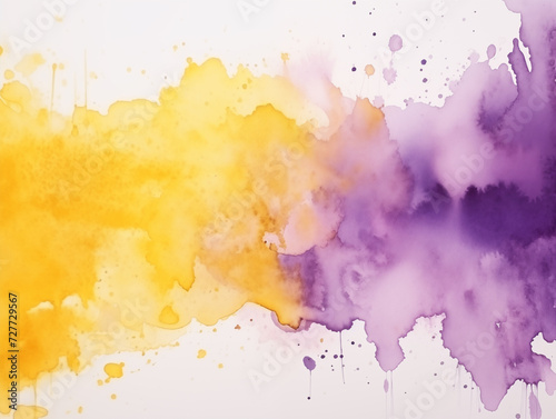 Purple and yellow watercolor stains on white paper background