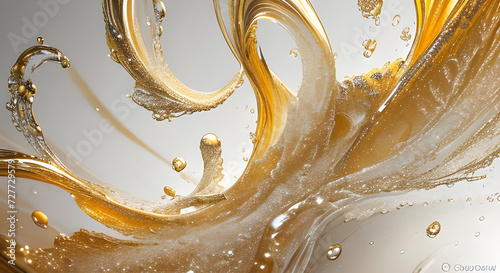 goldene Wasser Welle dynamisch spritzig mit Tropfen und Wirbeln als Vorlage und Hintergr  nde  Wirbel kraftvoll leuchtend lebendig Energie geladen metallisch Honig gl  nzend rein Reichtum Luxus edel