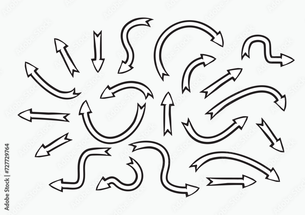 Obraz premium doodle hand drawn ribbon arrows, set of scribble black arrows on white background, vector element