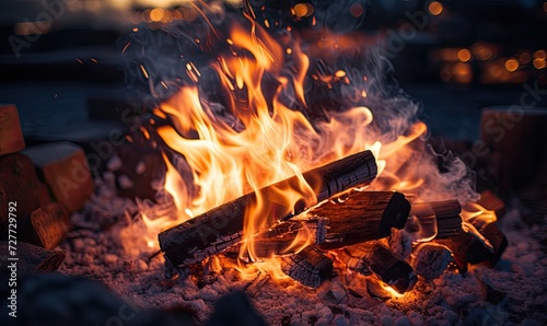 Close up photo of fire pit with blurred background. Fire pit theme