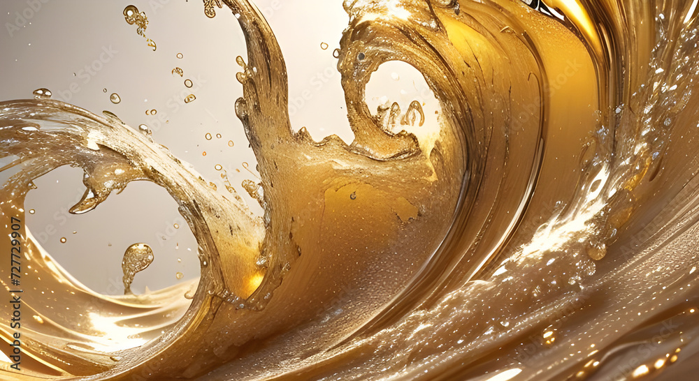 goldene Wasser Welle dynamisch spritzig mit Tropfen und Wirbeln als Vorlage und Hintergründe, Wirbel kraftvoll leuchtend lebendig Energie geladen metallisch Honig glänzend rein Reichtum Luxus edel