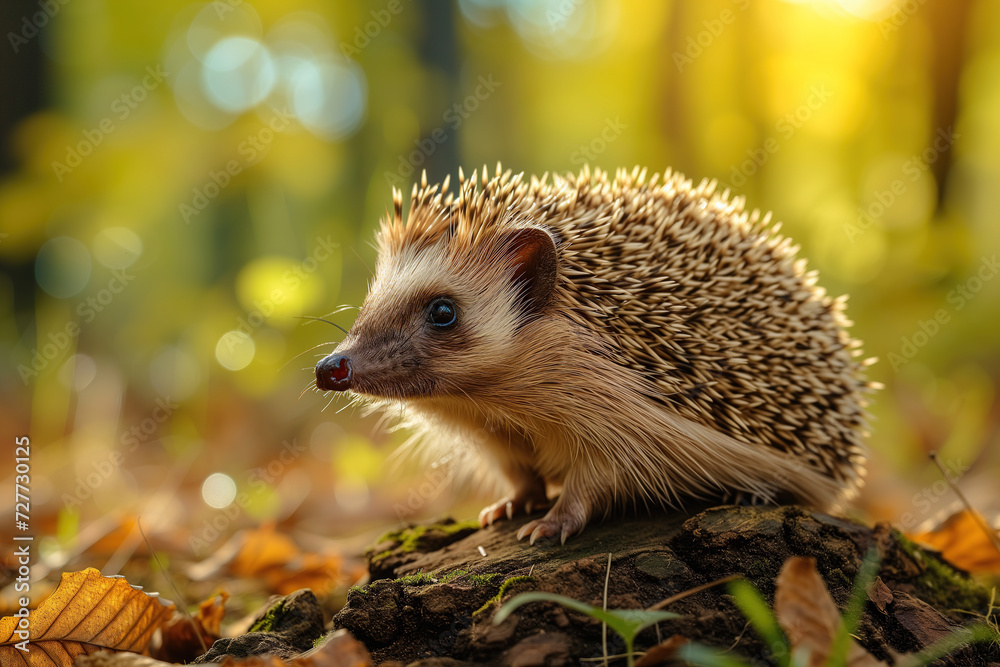 Fototapeta premium Hedgehog sitting on a stump outdoors, small animal in the autumn forest