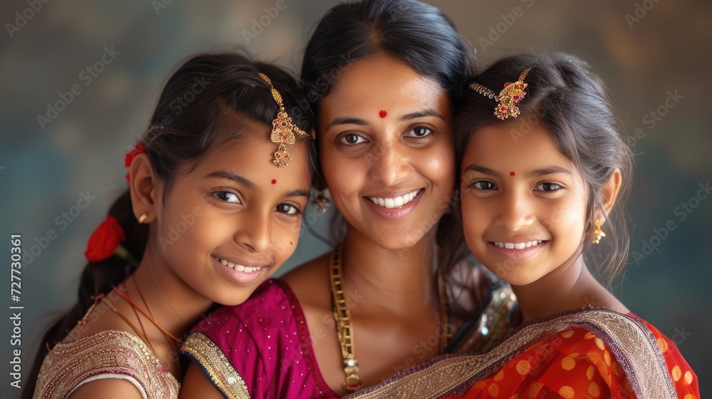 Obraz premium portrait of an Indian family - mother and daughter looking at the camera. Portrait of a beautiful Indian happy family of well-being, motherhood and guardianship, unconditional love concept