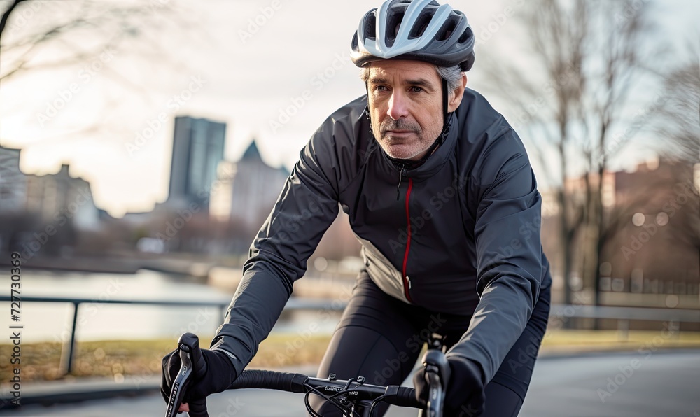 Portrait photography of a happy man cyclist riding a bicycle and wearing cycling helmet in the city park background. Portrait photography of a happy man cyclist riding a bicycle and wearing cycling helmet in the city park background.