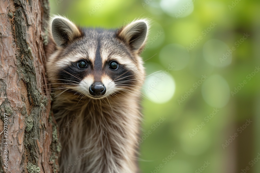 Raccoon sitting on a tree in the forest, wild animal looking at camera outdoors