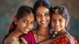 portrait of an Indian family - mother and daughter looking at the camera. Portrait of a beautiful Indian happy family of well-being, motherhood and guardianship, unconditional love concept