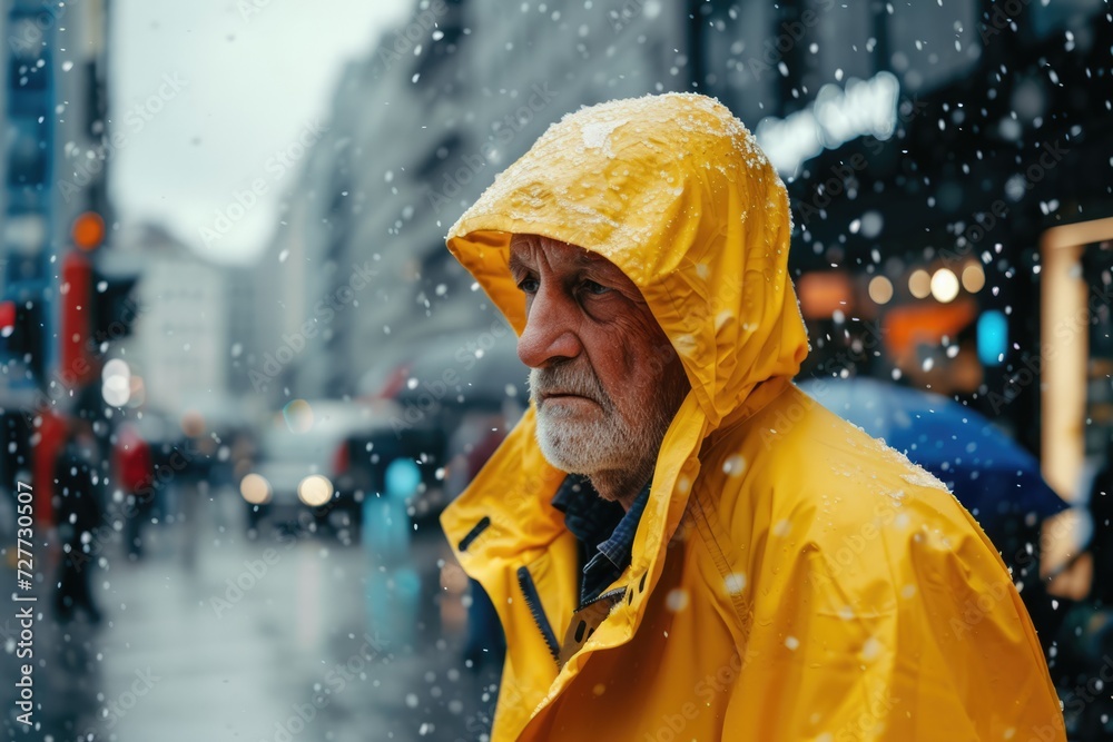 Senior man walking on a raining day wearing yellow raincoat Senior man walking on a raining day wearing yellow raincoat