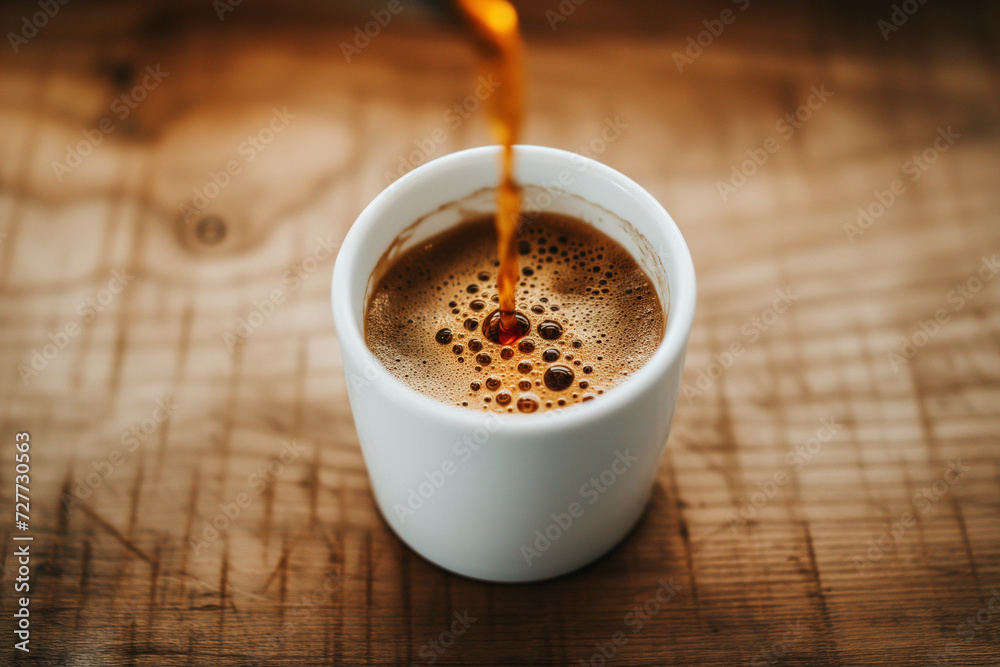 A stream of hot coffee is being poured into a white mug on a wooden table, creating a frothy crema on the surface of the freshly brewed drink A stream of hot coffee is being poured into a white mug on a wooden table, creating a frothy crema on the surface of the freshly brewed drink
