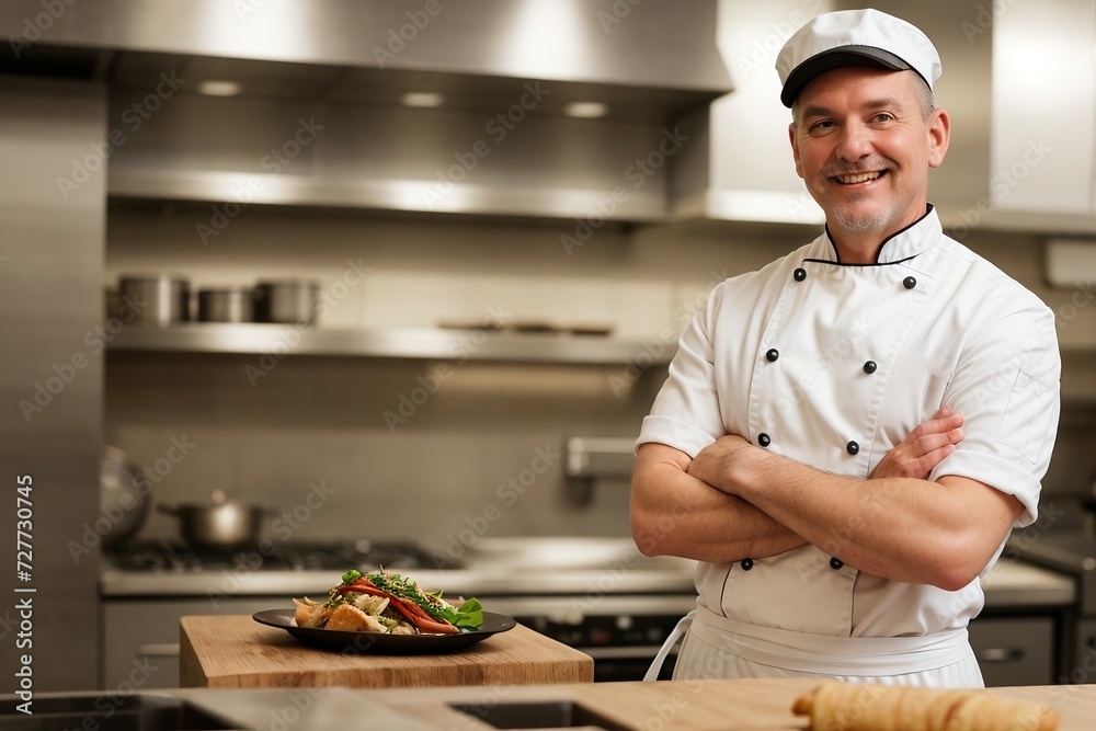 Professional senior chef proudly standing with arms crossed in a professional restaurant kitchen with copy space, smiling and looking at the camera. Professional senior chef proudly standing with arms crossed in a professional restaurant kitchen with copy space, smiling and looking at the camera.