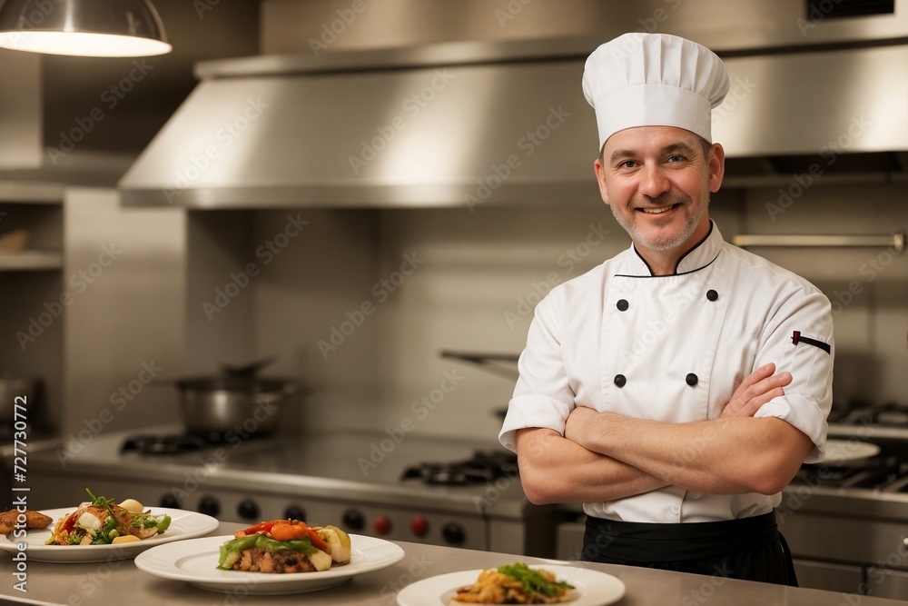 Professional senior chef proudly standing with arms crossed in a professional restaurant kitchen with copy space, smiling and looking at the camera. Professional senior chef proudly standing with arms crossed in a professional restaurant kitchen with copy space, smiling and looking at the camera.