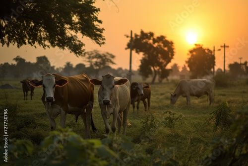 Some cows outdoor at sunset getting ready for the night.  © Straxer