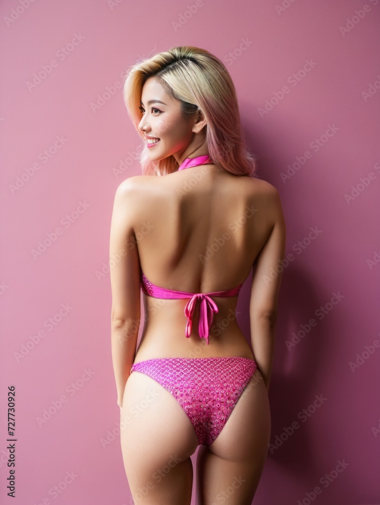 Obraz premium A woman poses in a bikini showing off her design and style against a pink wall.