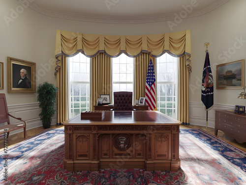 Elegant Presidential Office Interior with Ornate Resolute Desk and Presidential Seal, Brightened by Natural Light - Concept of Leadership, Power, and American Presidency