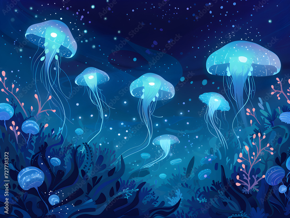 Enchanting Bioluminescent Jellyfish Dance in Mystical Deep Sea - Marine Life Illumination Concept with Fluorescent Jellyfish in Starry Ocean Setting Emphasizing Mystery and Oceanography Wonders Enchanting Bioluminescent Jellyfish Dance in Mystical Deep Sea - Marine Life Illumination Concept with Fluorescent Jellyfish in Starry Ocean Setting Emphasizing Mystery and Oceanography Wonders