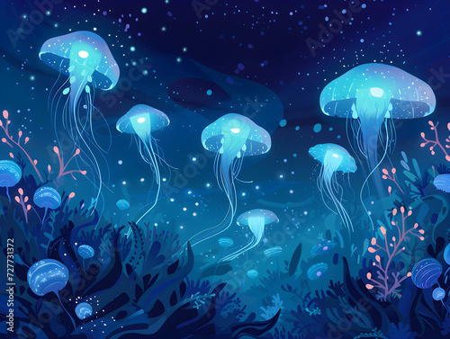 Enchanting Bioluminescent Jellyfish Dance in Mystical Deep Sea - Marine Life Illumination Concept with Fluorescent Jellyfish in Starry Ocean Setting Emphasizing Mystery and Oceanography Wonders