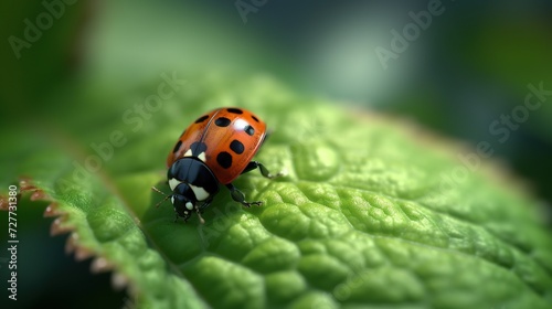 ladybug on a green leaf with dew drops close up