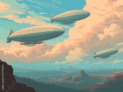 Serene Retro-Futuristic Airships at Dawn in Pastel Sky  Vintage Zeppelin Design - Concept of Tranquil Adventure and Nostalgic Travel