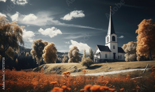 Beautiful church in amazing breathtaking landscape photo