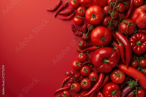 Top view of a large group of red vegetables such as various kinds of tomatoes and peppers arranged on a banner shape on red background © Straxer