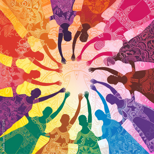 Global Sisterhood Circle in Colorful Silhouettes Creative Background, Diversity