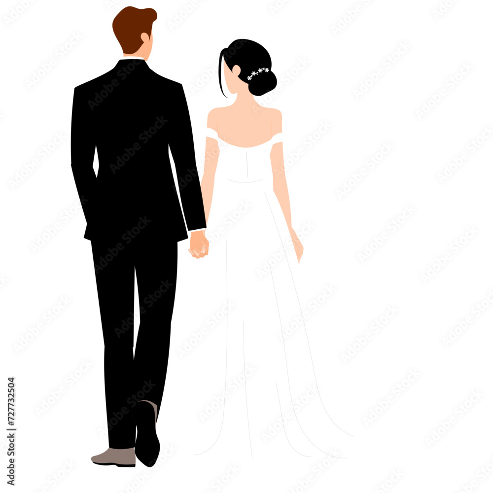 bride and groom in wedding dress walking and hold hand illustration bride and groom in wedding dress walking and hold hand illustration