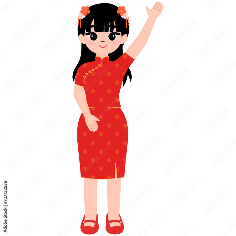 happy cute chinese girl waving hand illistration happy cute chinese girl waving hand illistration