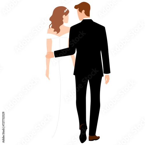 bride and groom in wedding dress walking and hold hand illustration