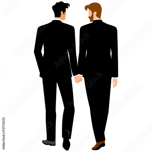 lgbtq+ groom couple in wedding dress walking and hold hand illustration