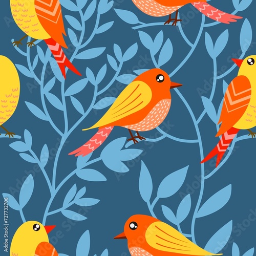 Abstract seamless pattern with birds and blooming flowers and leaves.natural illustration with  flowers background. © ohhh_photo