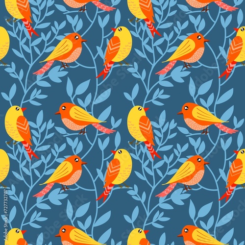 Abstract seamless pattern with birds and blooming flowers and leaves.natural illustration with  flowers background.