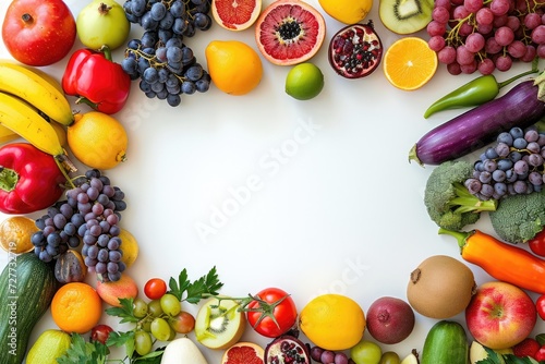 Top view of various multicolored fruits and vegetables disposed at the borders of the image on a frame 