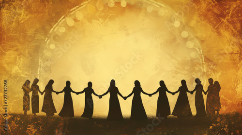 A background design depicting silhouettes of women holding hands in a circle, unity support 