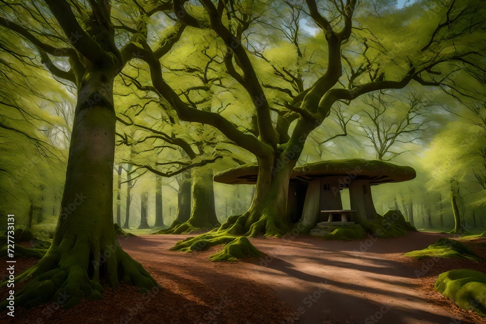 Naklejka premium Spring landscape with a pair of Dutch dolmen under beech and oak trees